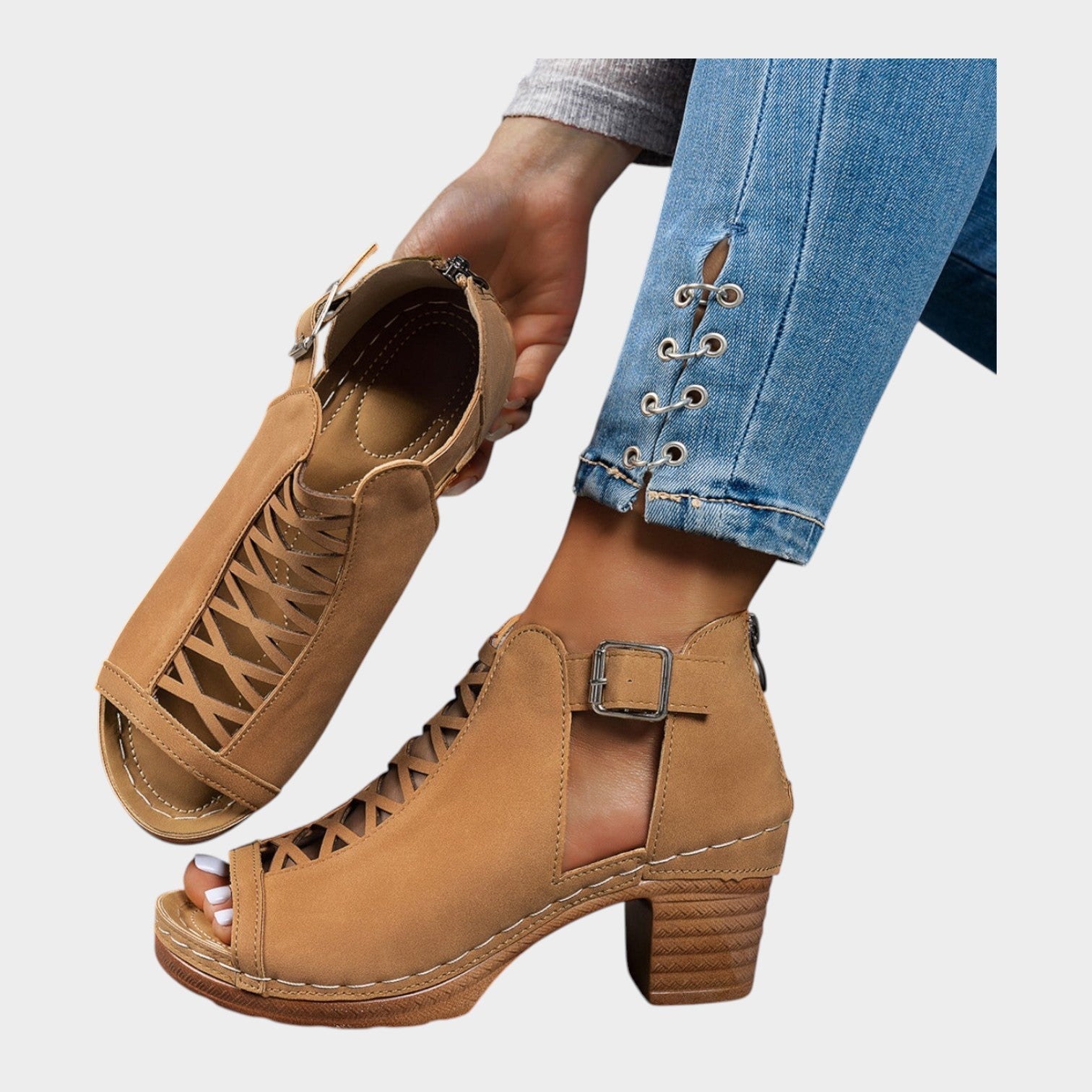 Cutout Lace-Up Block Heel Sandals